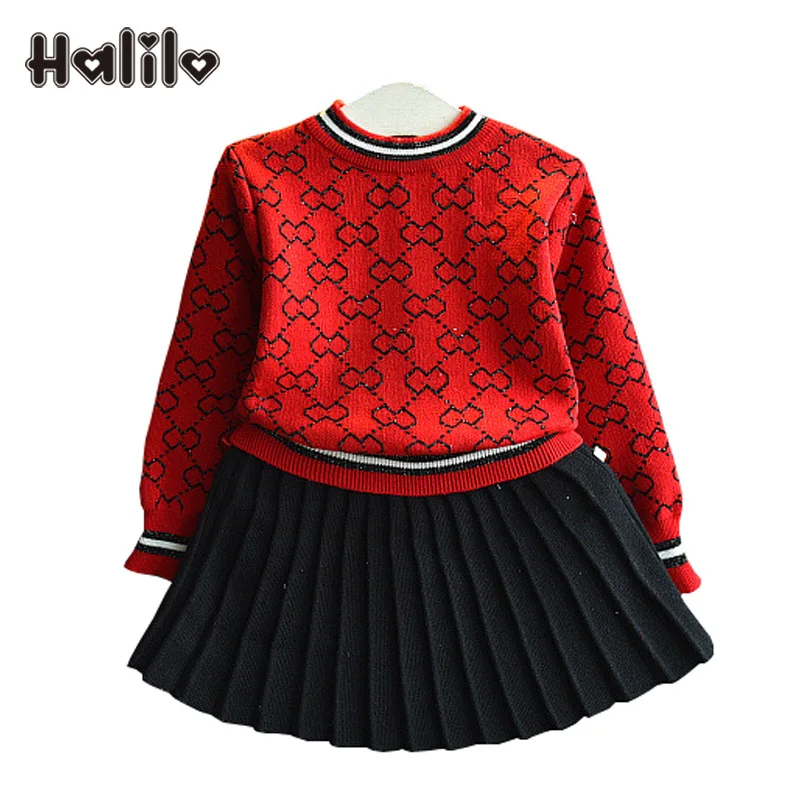 

Halilo Kids Autumn Winter Suit Knitted Sweater + Pleated Skirt Girls 2 Piece Set Children Clothing Set Christmas Girls Outfits