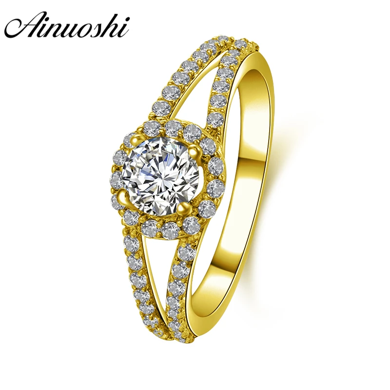 

AINUOSHI 14K Solid Yellow Gold Halo Ring 0.5 CT Round Cut Double Layer Pave Setting CZ Women Engagement Wedding Round Gold Ring