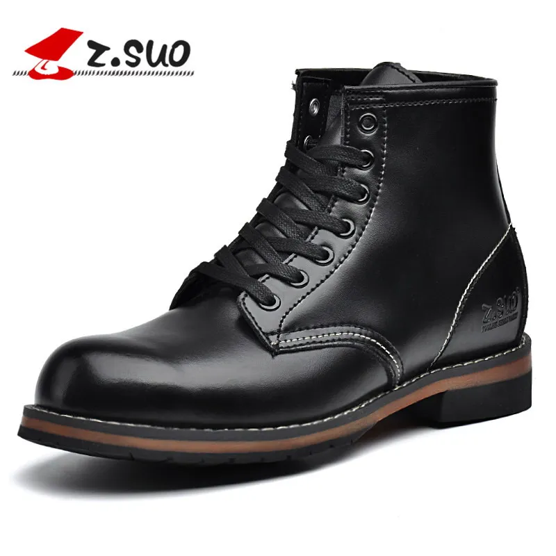

Z. Suo Brand Atutumn Men's Tooling Boots Fashion Round Toe Lace Up Martin Boots British High Top Genuine Leather Man Army Boots