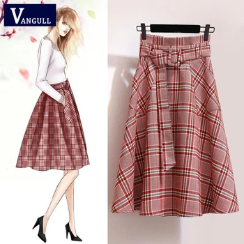 

VANGULL Summer New Women Red Plaid Skirts 2019 Spring High Waist Pocket Skirts Vintage Slim Sashes Ball Gown A-line Skirt