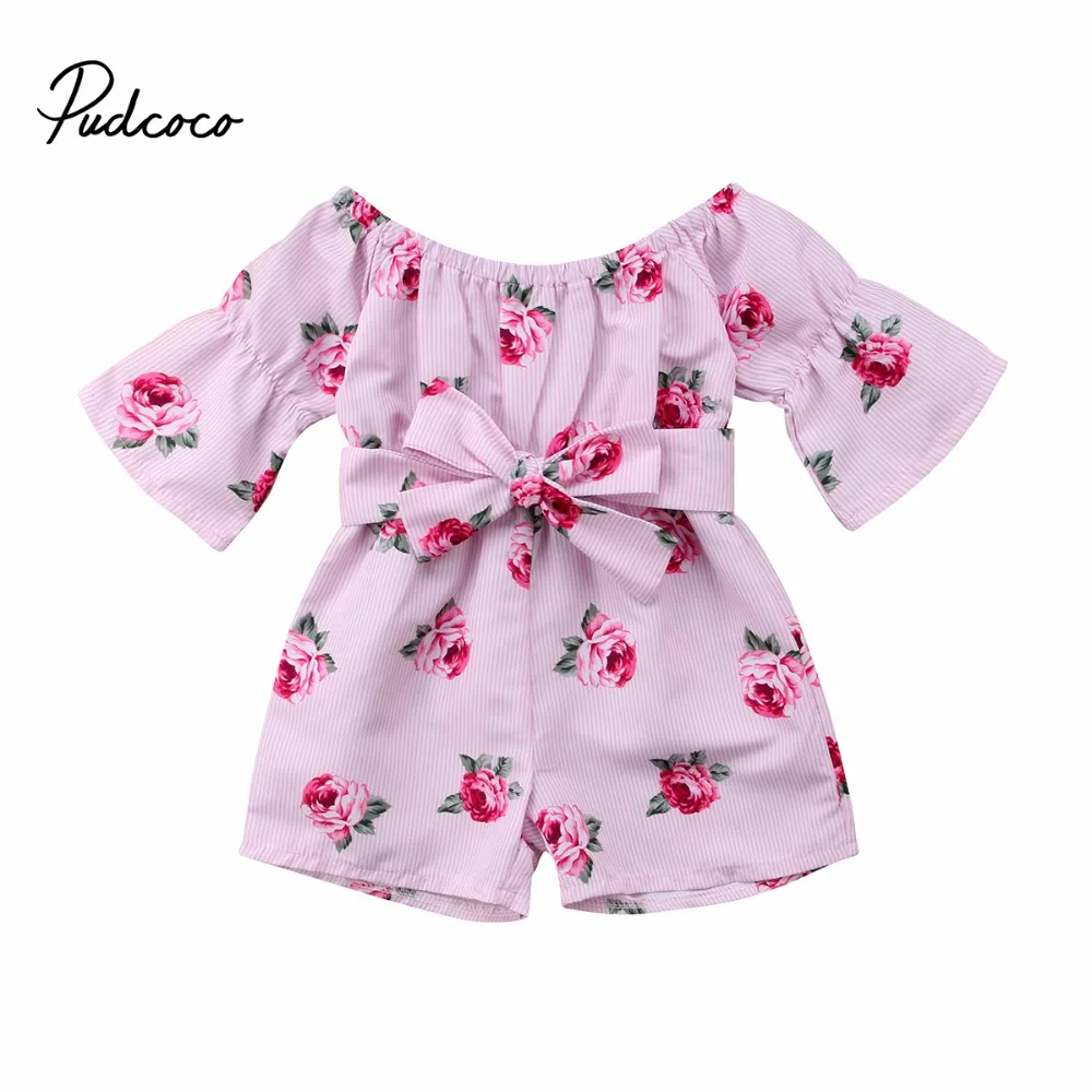 

Floral Toddler Kids Baby Girl Off shoulder Bow Romper Jumpsuit Outfits Princess Summer Flower Clothes 6M-5Y