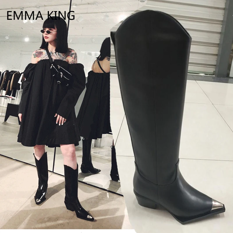 

Leather Western Boots for Women Iron Pointed Toe Western Ladies Boots Mid-Calf Chunky Square High Heels Slip on Black Plus Size