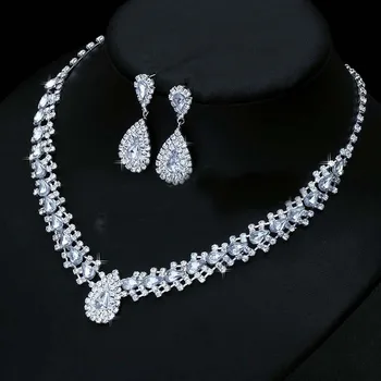 Luxurious Wedding Jewelry Sets for Bridal Bridesmaid Jewelery Drop Earring Necklace Set Austria Crystal Wholesale Gift