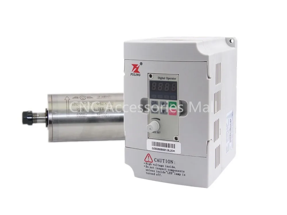

Water cooled spindle motor 1.2kw ER11 GDZ62-1.2(36000rpm) for CNC metal engraving & 1.5kw DZB280B001.5L2DK VFD Inverter