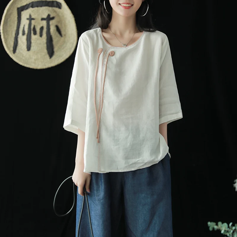 

Johnature Women Solid Color T-Shirts Seven Sleeve O-Neck 2019 Summer New Cotton Linen Vintage Women T-Shirts White