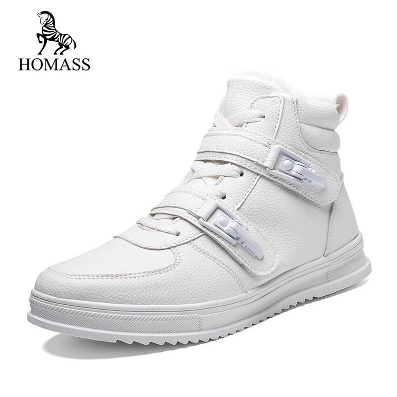 

HOMASS New Fashion White Black Mens Casual Shoes Men High Top Shoes Casual Shoes Male PU Leather Lace Up sneaker Warm fur shoes