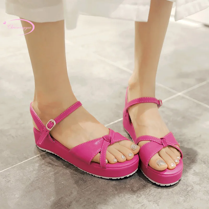 

Chainingyee sweet style summer sandals belt buckle waterproof purple red white high heel wedges women's shoes big size