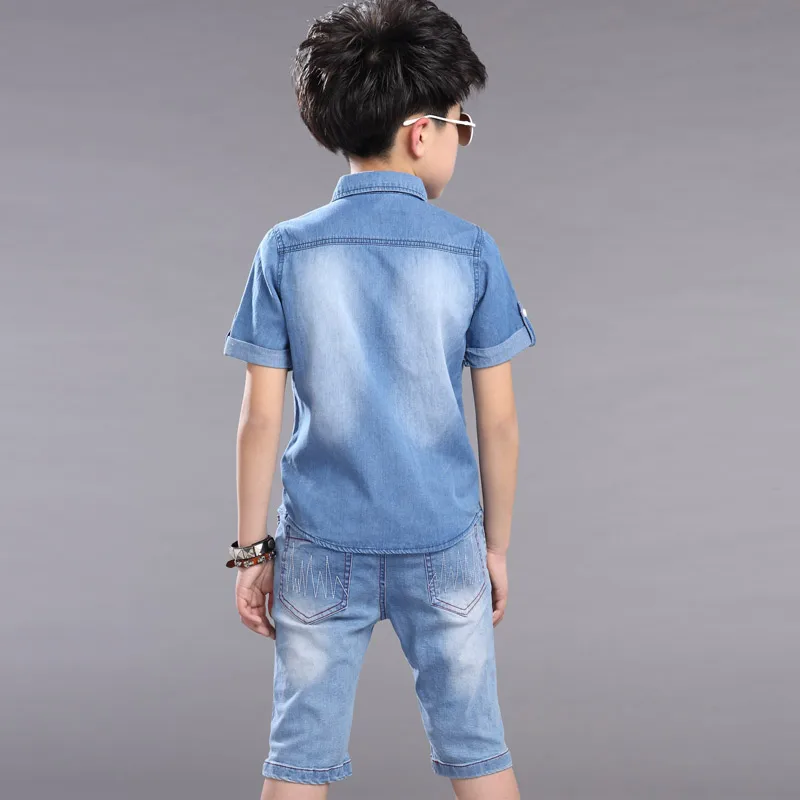 Boys Clothes Boys Summer Set 2pcs Cowboy Shirt +Shorts Teenager Boys Casual Set Short Sleeve shirt Short Pants