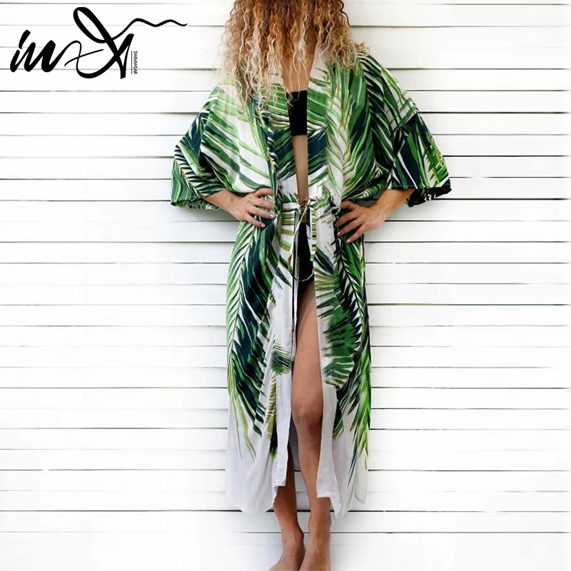 

In-X Sexy leave print women beach dress 2019 Swimsuit Cover up beach cotton tunic Gossamer cover-ups fashion caftan bath skirt