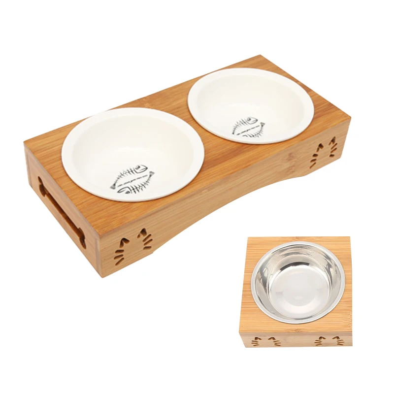 Маленькая миска для собак pawstrip бамбуковый держатель кормушка кошек керамическая