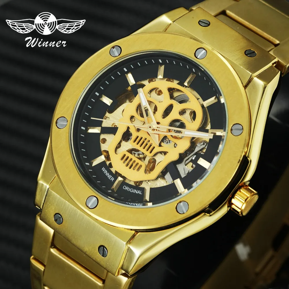 

WINNER Top Brand Luxury Golden Auto Mechanical Watch Men Luminous Skull Skeleton Dial Metal Strap Fashion Business Wristwatches