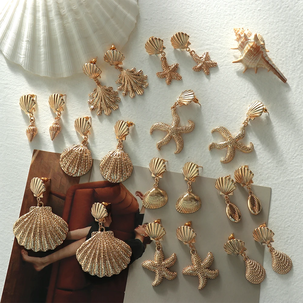 

1Pair 2019 Summer Retro Fashion Shell Earrings Women Gold Color Geometric Irregular Starfish Conch Statement Jewelry Accessories