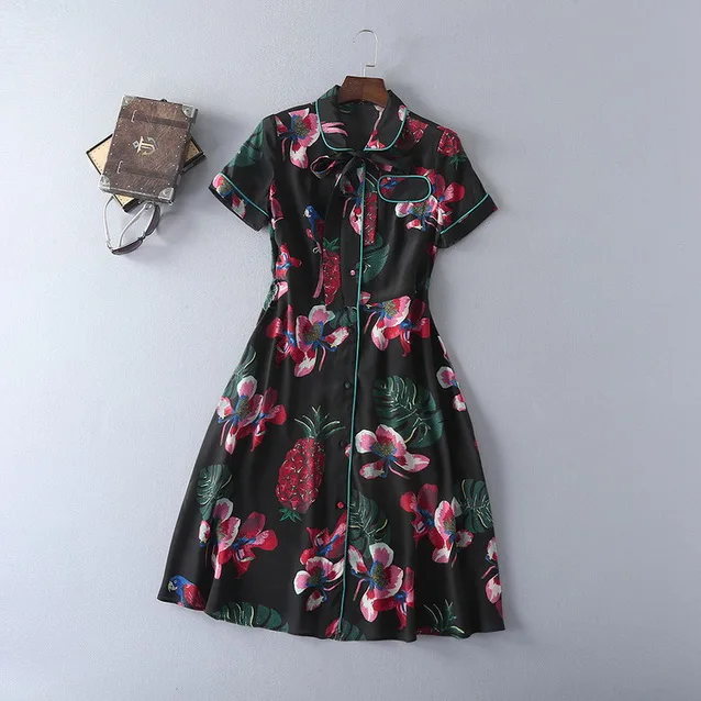 Wholesale 100%Silk Dress New Style Summer Vestido 2017 Women Peter Pan Collar Tropical Fruit Prints Short Sleeve Dress Casual Homecoming Buy Cheap 100%Silk Dress New Style Summer Vestido 2017 Women Peter Pan Collar Tropical Fruit Prints Short Sleeve Dress Casual Homecoming
