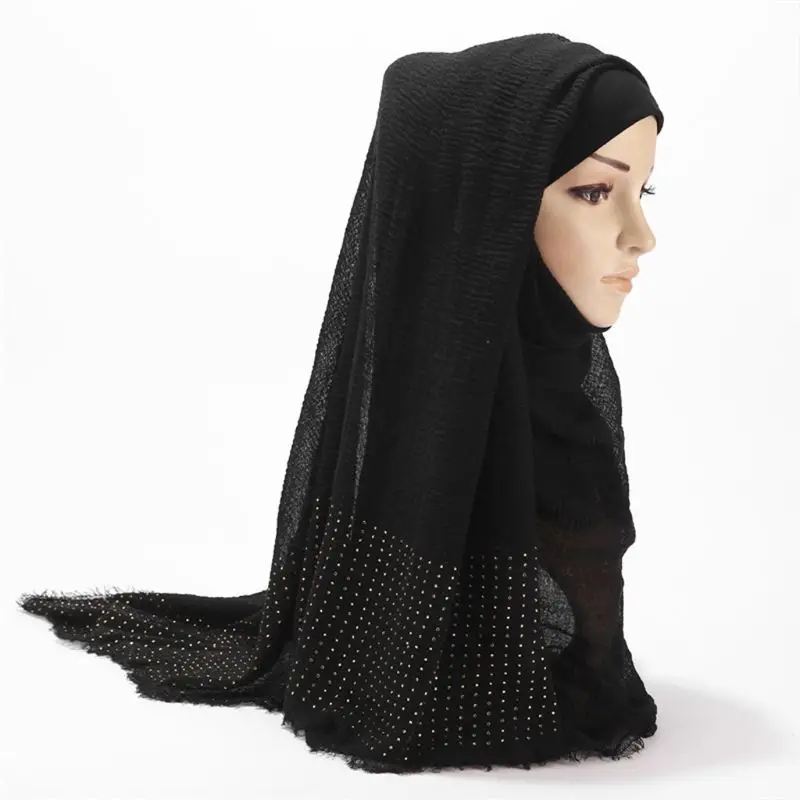 Женский шарф с бахромой, сплошной цвет, большие длинные мусульманские хиджаб платок, украшенный стразами, полупрозрачная шаль, исламский