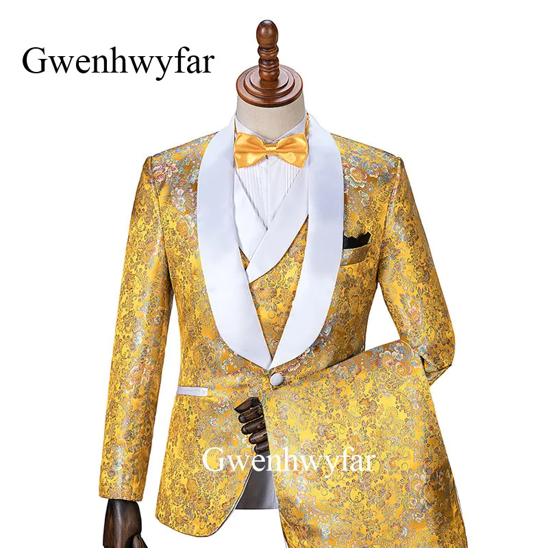 

Gwenhwyfar 2019 New Luxury Flower Gold Men Suit Groom Wedding Suits for Men Slim Fit 3 Pieces Tuxedo Custom Prom Blazer Terno