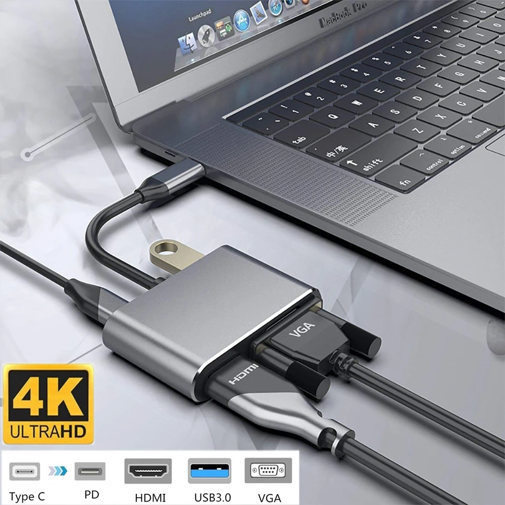 Адаптер 4 в 1 переходник usb c HDMI Type C на 4K VGA USB 3 0 аудио и видео PD 87 Вт быстрая зарядка
