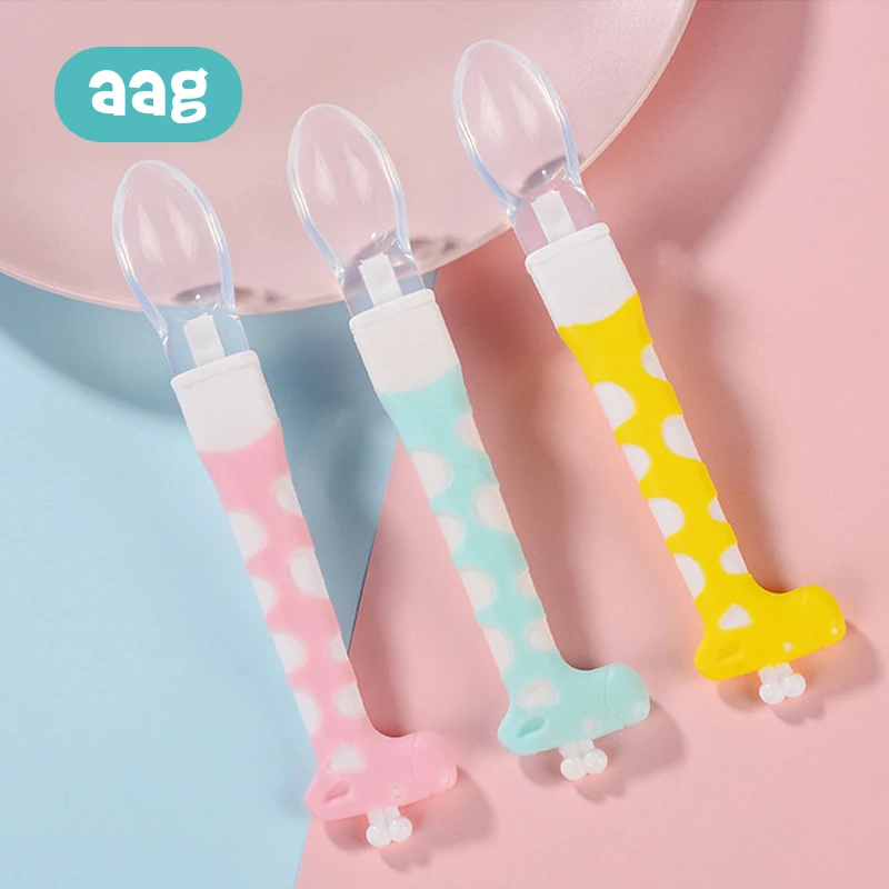 AAG Baby Silicone Spoon Cartoon Safety BPA Free Infant Baby Feeding Spoon Tableware Giraffe Kids Spoons Learning Flatware Tools