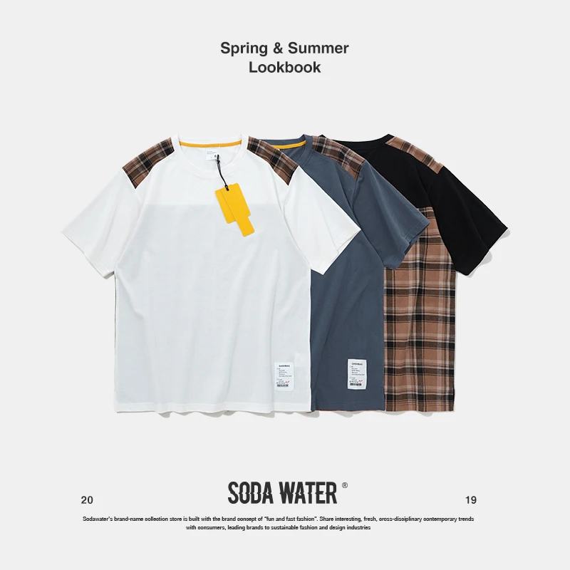 

SODA WATER Crew Neck Plaid Patchwork T-shirt Men 2019 Summer New Fashion Streetwear Hip Hip Tshirt Men's Tee Shirts 91156S