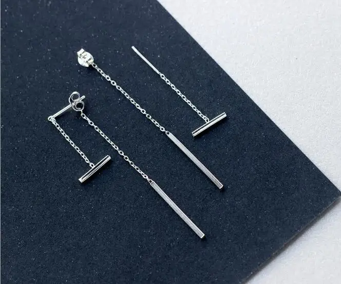 

1pair Real. 925 Sterling Silver Lucky Rounded Bar &Rolo chain Dangle Earrings Tassel Jewelry GTLE816