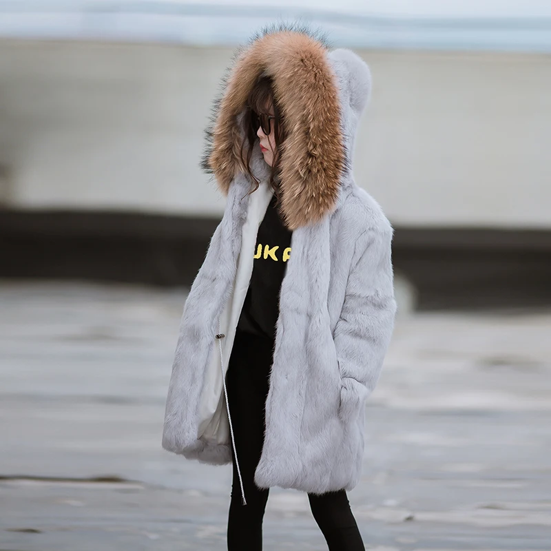 

JKP 2018 new winter children Real rabbit fur coat children girls solid warm Natural raccoon fur Collar coat jacket