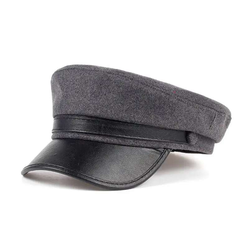 

2017 top selling fashion woolen beret cap for women men navy hat with leather vosor outdoor travel hats women winter warm caps