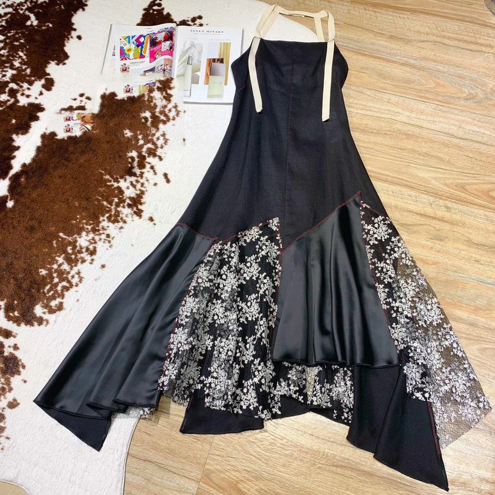 

2019 new ladies fashion backless sexy stitching lace irregular dress 0701