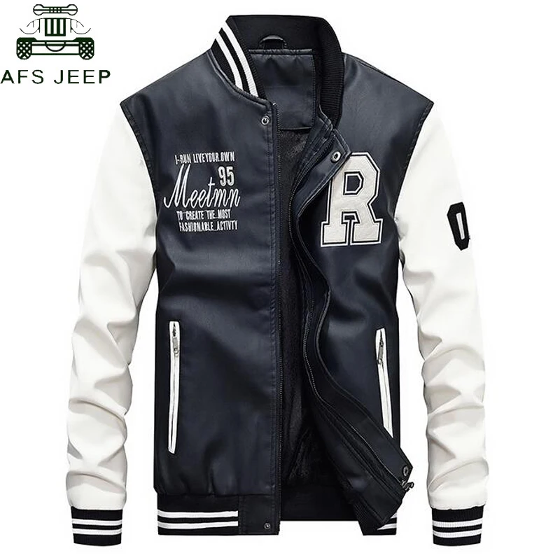 

AFS JEEP Brand Embroidery Baseball Jackets Men Stand Moto Biker Leather Jacket Men Casual Fleece Thicken Faux Leather Coat M-4XL