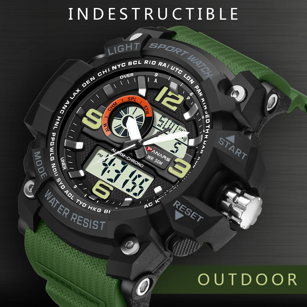 

PANARS Men Brand Luxury Electronic LED Digital Wrist Watch Male Clock For Man Relogio Masculino 2018 Military Dual Display Watch