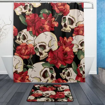 

Halloween Flower Sugar Skull Waterproof Polyester Fabric Shower Curtain with Hooks Doormat Bath Floor Mat Bathroom Black Red