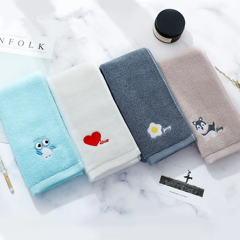 

33*73cm Size Cartoon Love Cat Dog Owl Embroidery Face Towel 100% Cotton Super Soft Towel Terry Absorbent Washcloths In Stock