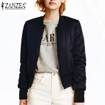 ZANZEA 2020 Fashion Women Winter Warm Quilted Zipper Stand Collar Slim Coat Jacket Padded Bomber Short