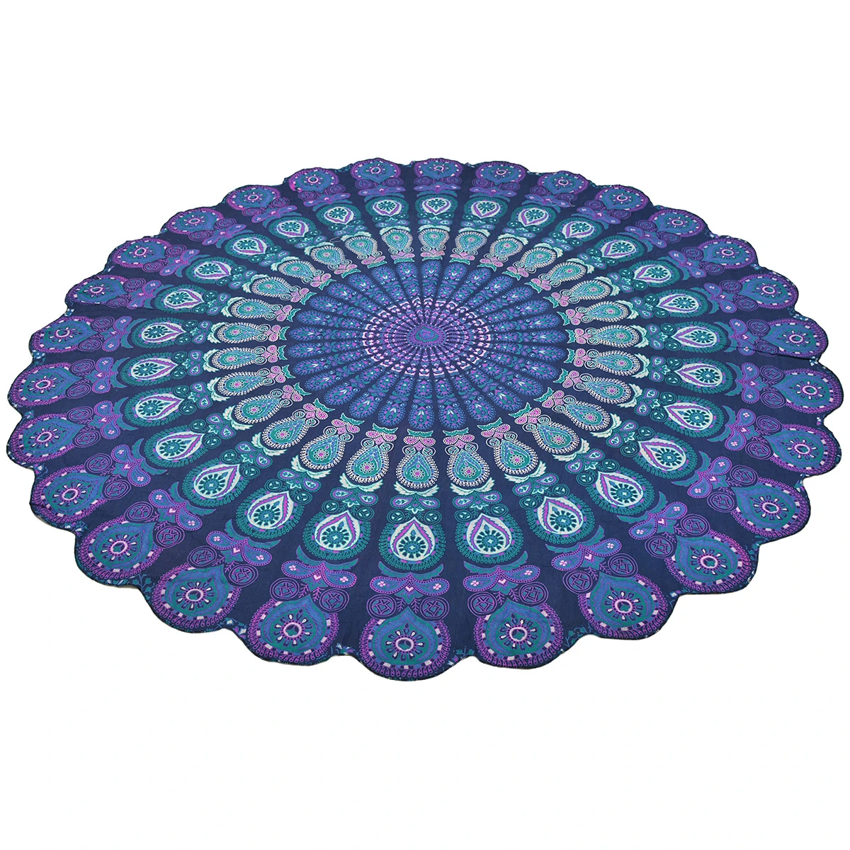 Blue Boho Ethnic Large Round Tapestry Wall Hanging Peacock Mandala Beach Throw Yoga Mat Towel (1)