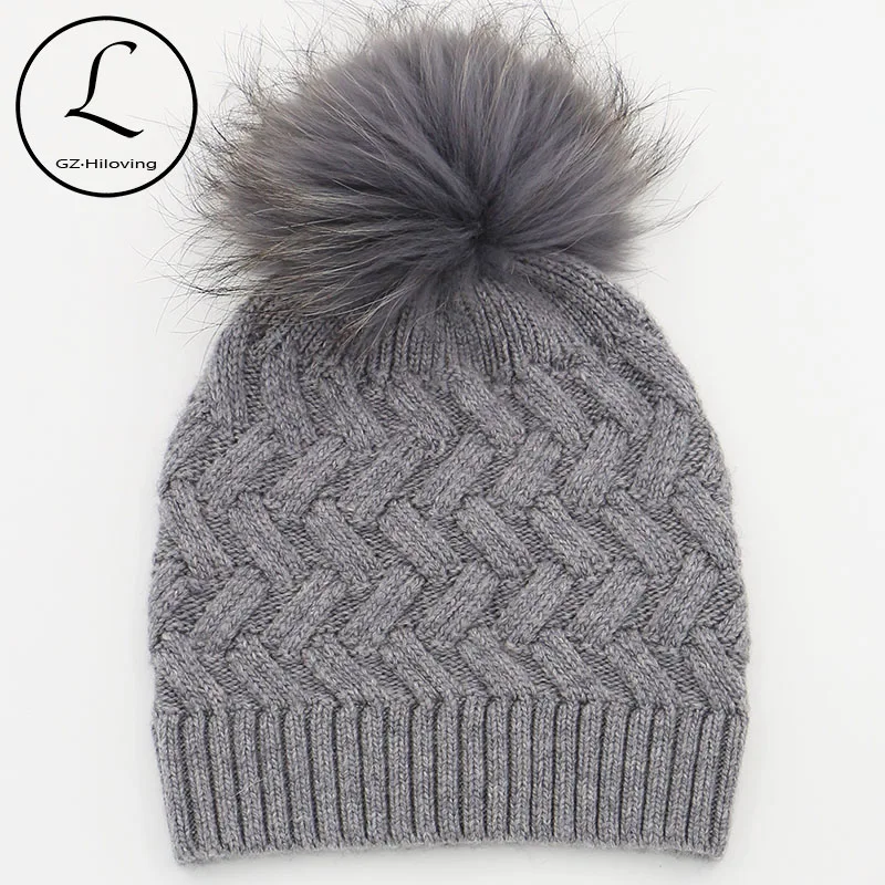 Women's Winter Hat Chunky Bulky Wool Beanie Hat 100% Wool Hat Handmade Ribbed Knitted Hat Raccoon Pom Pom -READY TO SHIP
