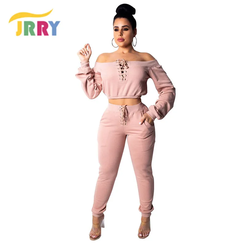 

JRRY Sexy Woman Jumpsuit Lace Up Pocket SLash Neck Long Sleeve Full Length