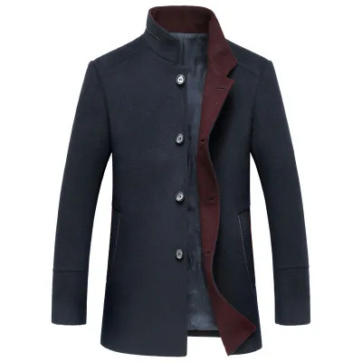 Зимняя мужская мода, высокое качество, шерстяные куртки, Тренч, мужское однобортное пальто, воротник-стойка, ветровка, шерстяное пальто - Цвет: Синий