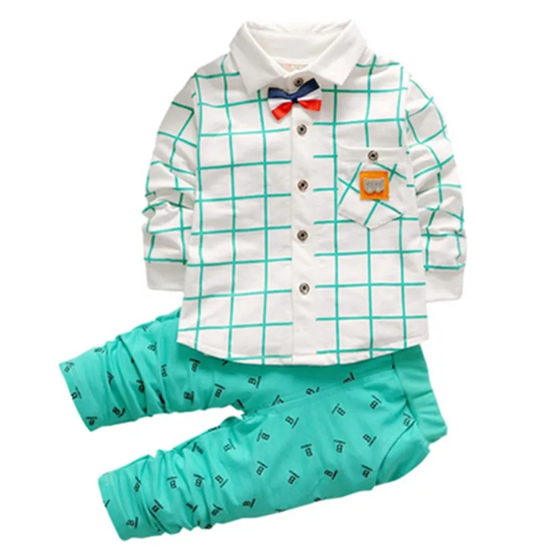 Комплекты одежды для мальчиков г. Осенняя клетчатая рубашка с длинными рукавами+ брюки костюм из 2 предметов детская одежда джентльмена с буквой B и бантом