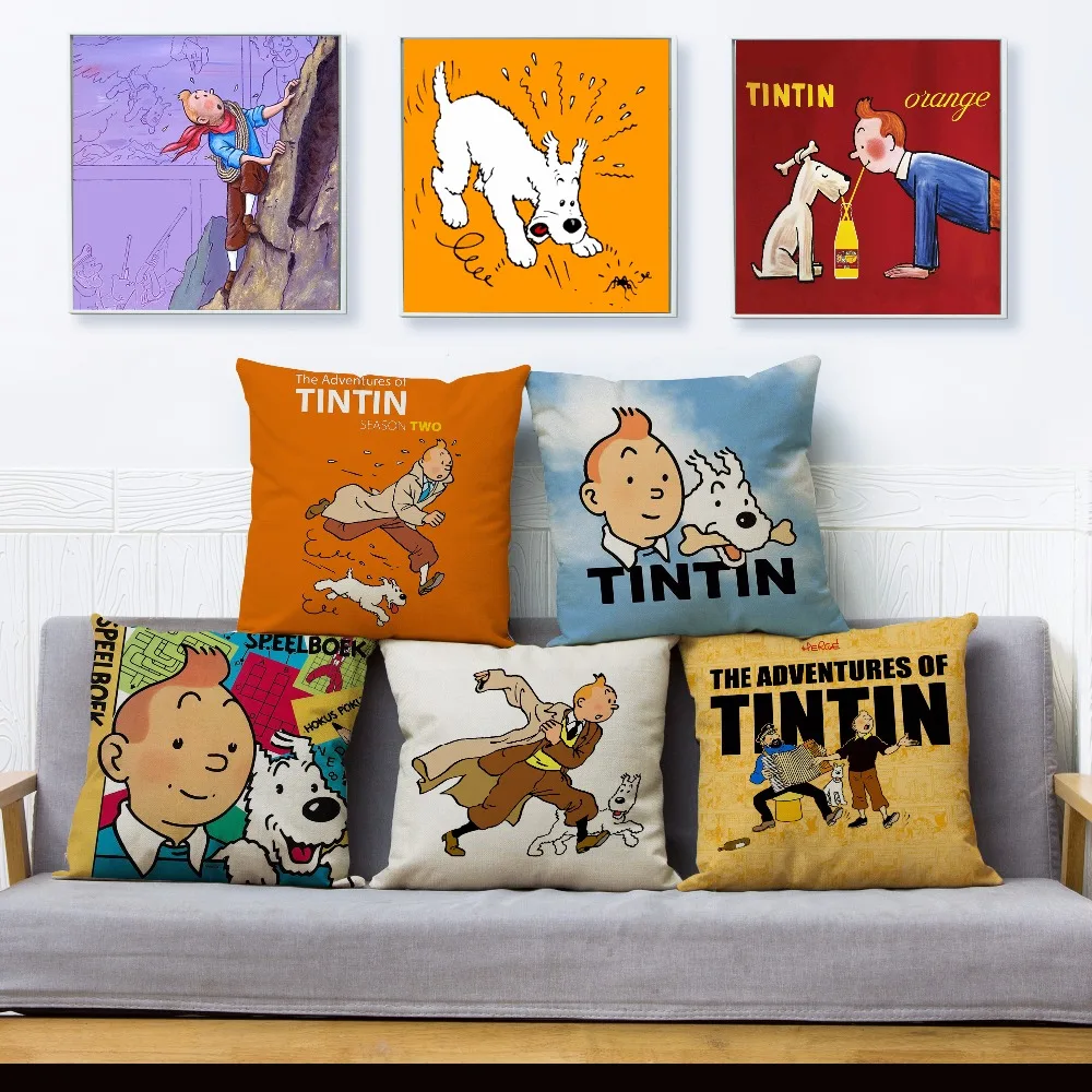 

Comic Adventures Of Tintin Print Throw Pillow Cover 45*45 Textile Cushion Cover Linen Pillow Case Sofa Home Decor Pillows Cases