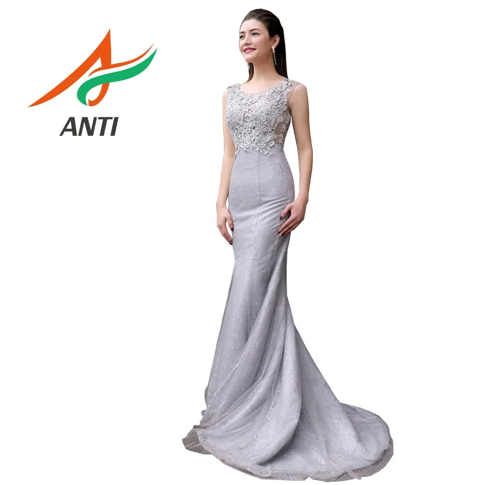 

ANTI Gorgeous Long Evening Dress Court Train Tulle Beading Crystal Vestido De Festa High Quantity Scoop Neck Evening Gowns LM115