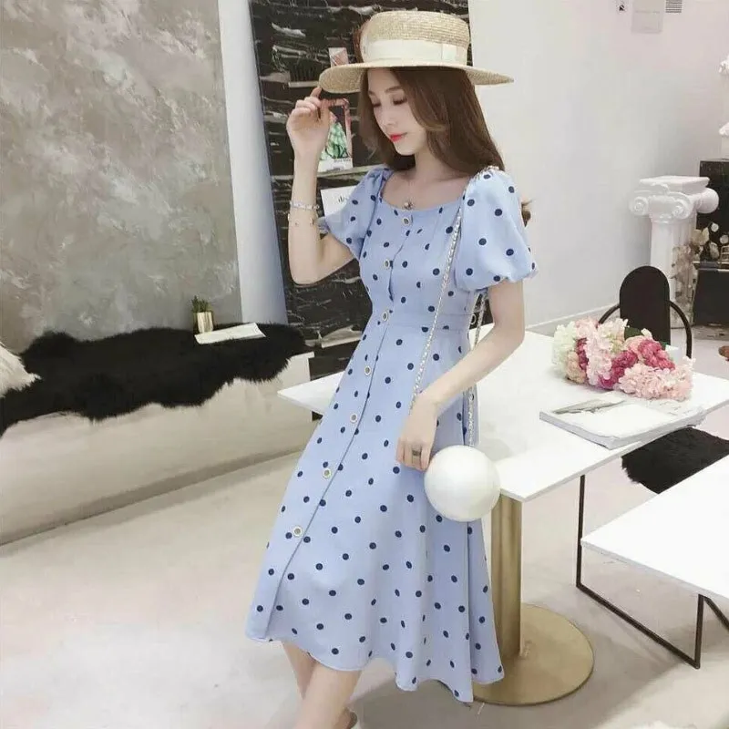 

Women Vintage Polka Dot Dress Button Up Puff Sleeve Square Collar High Waist Long Dress Summer Holiday Dress