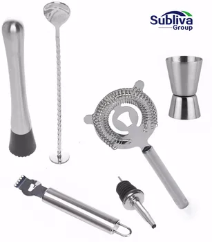 

6ps Stainless Steel Bar Set Wine Martini Drinking Mixer For For Party Bar Tool Muddler, Cocktail Spoon, Jigger