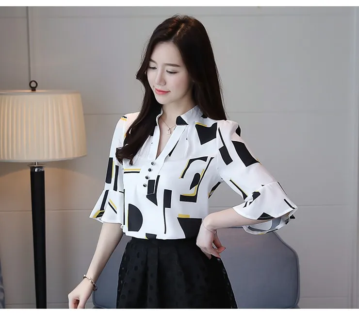 New Style Women Blouses Geometric Pattern Chiffon Blouses Shirts Female Short Sleeve Plus Size Tops Lady 2018 Print Blusa Feminina (9)