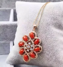natural red precious coral pendant S925 silver Natural gemstone Pendant Necklace trendy Luxury round string women fine jewelry