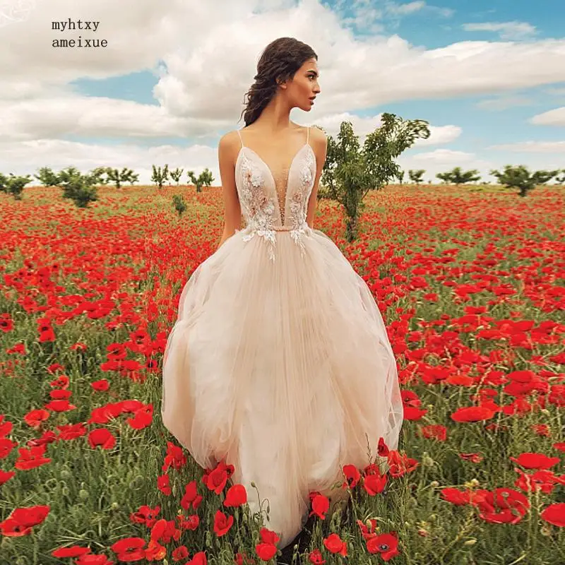 

Sexy Champagne Tulle Cheap Wedding Dress 2020 Sleeveless Spaghetti Straps A-line Bridal Gowns Backless Vestido De Noiva China