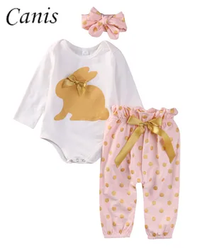 

Cute Newborn Infant Baby Girls Clothes GOLD RABBIT Long Sleeve Romper Tops Playsuit Sunsuit Pants Outfit Set 2pcs 0-18M