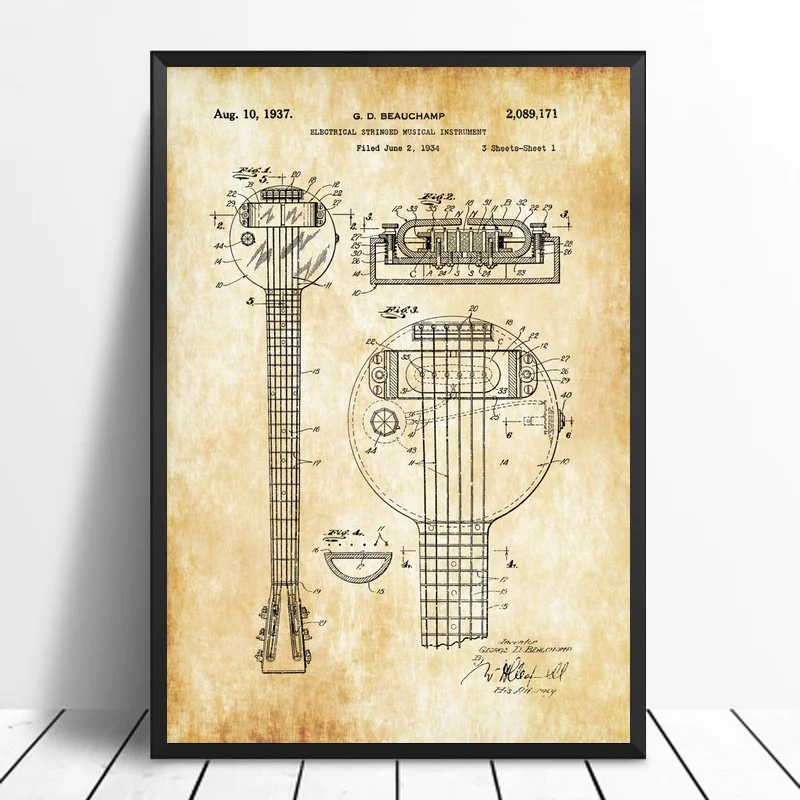 

Rickenbacker Frying Pan Lap Steel Guitar Patent 1934 Patent Art Poster Canvas Prints No Frame