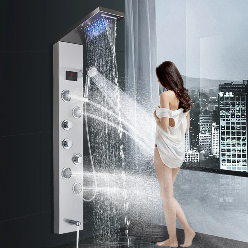 

Newly Luxury Brushed Nickle Bathroom Shower Faucet LED Shower Panel Column Bathtub Mixer Tap With Hand Shower Temperature Screen