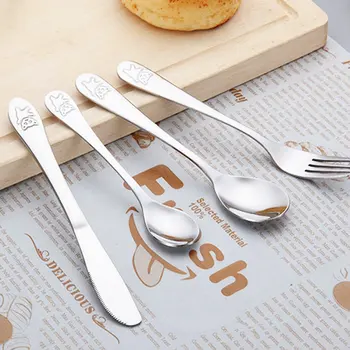 

4pcs/set Baby Dishes Stainless Steel Teaspoon Spoon Fork Knife Utensils Set Baby Kids Learning Eating Habit Children Tableware