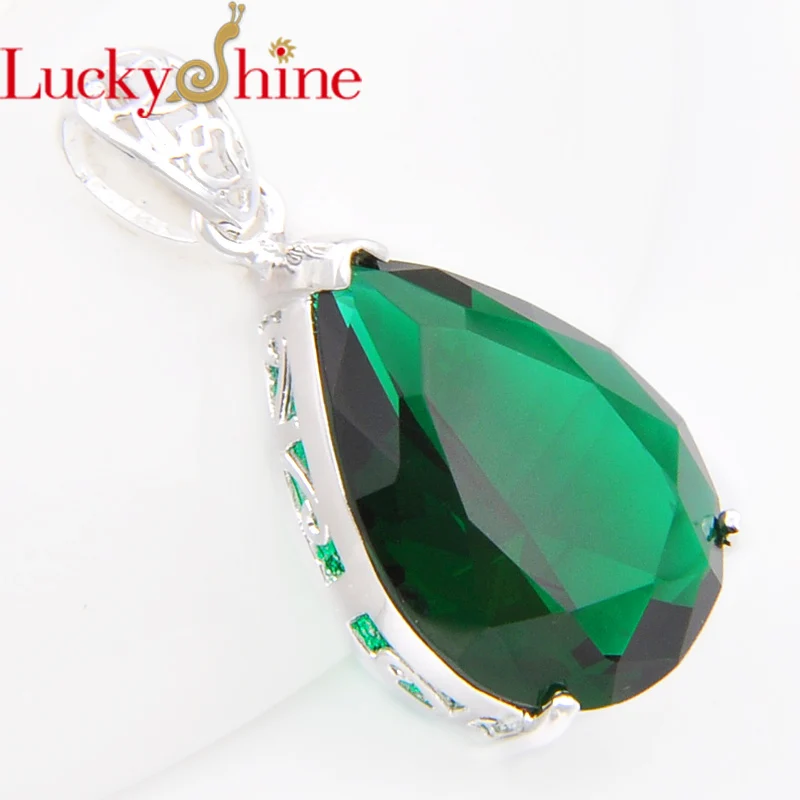 

Promotion Luckyshine Water Drop Silver Plated Green Crystal Cubic Zirconia Wedding Jewelry dangle Pendants Necklaces Size 23*13
