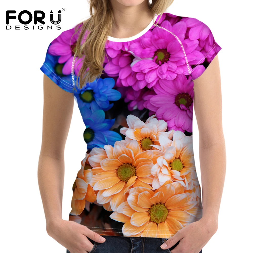 FORUDESIGNS Bright Tulipa Floral Design T shirts for Women Summer Mum Fashion Tops Tees T shirt