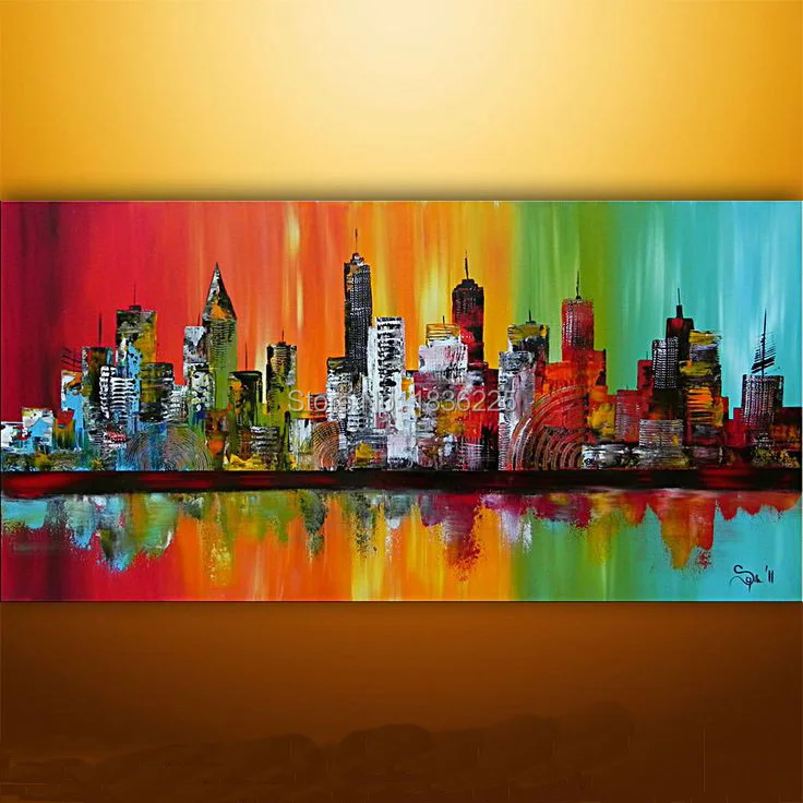 abstract building paintings for wall art 100% handmade knife canvas painting for decoration color New York city paintings